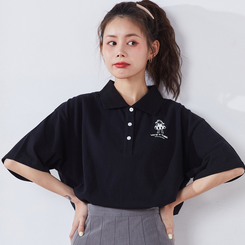 Áo Thun Polo Nữ Có Cổ Form Rộng - Thêu Cô Gái Tập Bơi  - Form Tay Lỡ Unisex - Chất Cotton Mềm Mát - Có Size Lớn -TTLCC52