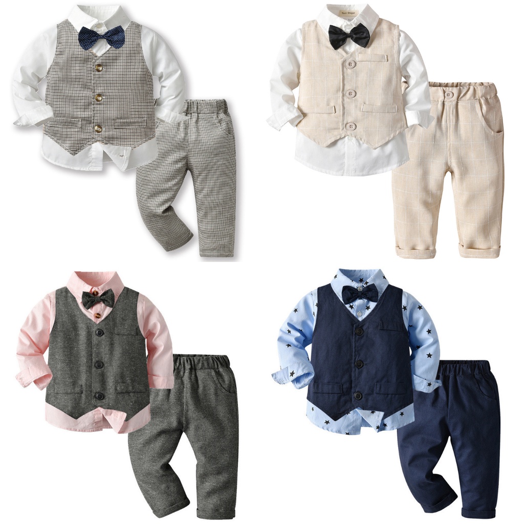 Set Đồ 3 Món Gồm Áo Sơ Mi Cotton Thắt Nơ + Áo Sơ Mi + Quần Dài Thời Trang Mùa Thu Cho Bé Trai 0-5