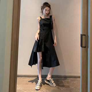 ĐẦM MIDI ĐEN 2 DÂY LỆCH TÀ ĐAN DÂY EO (về thêm loại dây chéo lưng)