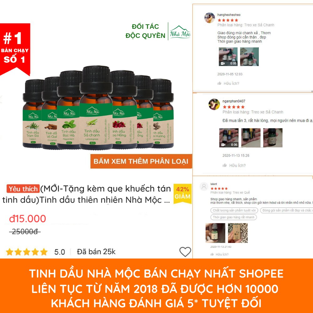 (Tặng que khuếch tán) Tinh dầu Nhà Mộc nguyên chất có kiểm định giúp khử mùi, thư giãn: Tinh dầu Sả Chanh, Tràm Gió