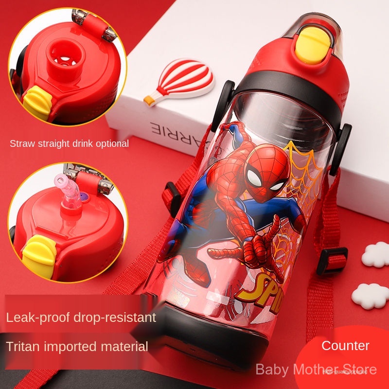 Bình Nước 350-600ml Họa Tiết Hoạt Hình Người Nhện Kèm Ống Hút Cho Bé