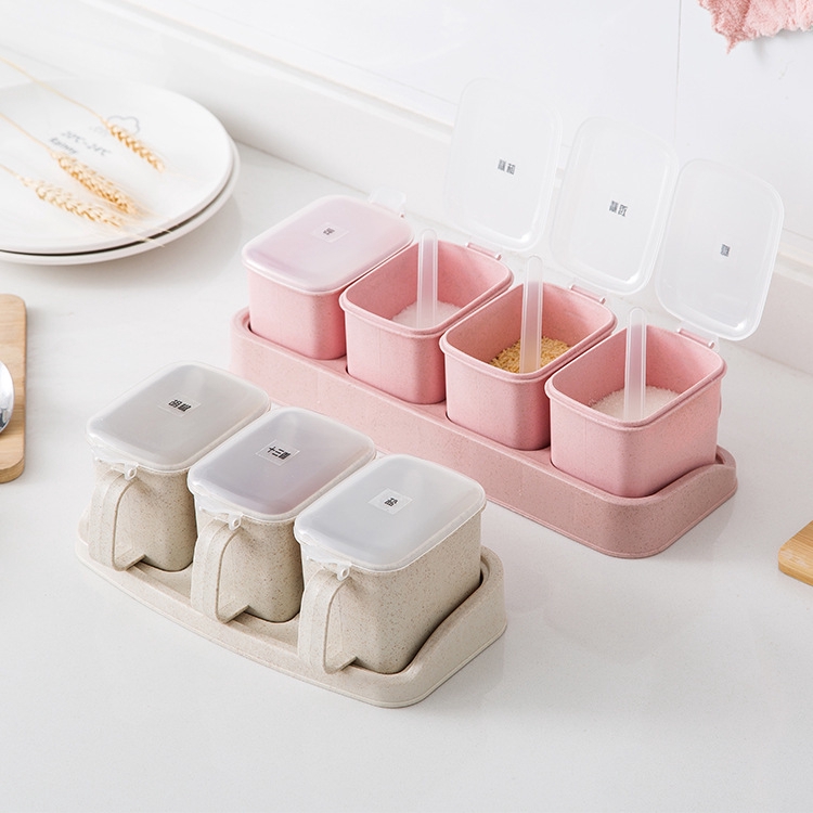 SUPO DEPOT - Set 3/ 4 hũ đựng gia vị có khay giữ và muỗng nhiều màu sắc tùy chọn dành cho nhà bếp