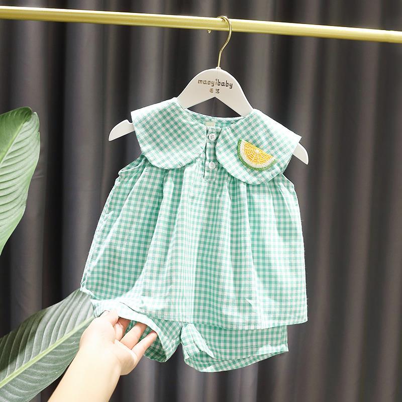 Set áo sát nách thêu họa tiết trái cây hoạt hình và quần đùi kẻ sọc thời trang dành cho bé gái từ 0-4 tuổi