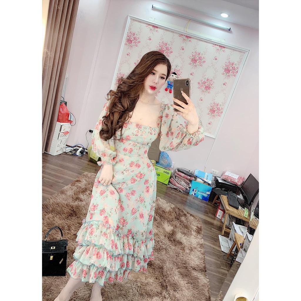 [HINOIS271] Đầm Maxi Tay Dài Cổ Vuông Dáng Dài, Có Bèo Ở Chân Váy, Kèm Lớp Lót Đầm, Chất Tơ Mát Mẻ, Thích Hợp Đi Biển | BigBuy360 - bigbuy360.vn