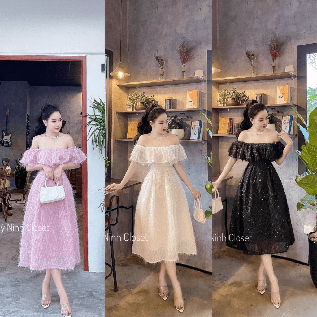 ĐẦM LÔNG VŨ CÓ MÚT TRỄ VAI DÁNG XÒE CỰC SANG CHẢNH LONG TRỌNG UP