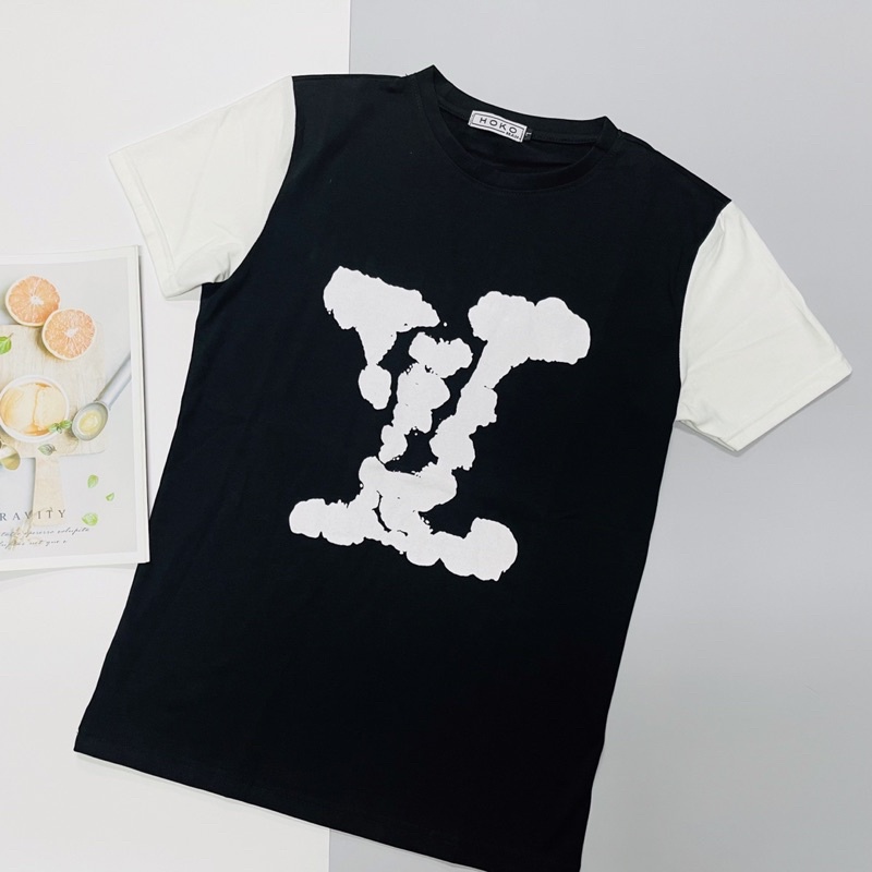 Áo thun nam cổ tròn thêu chữ GV áo phông nam tay ngăn chất cotton