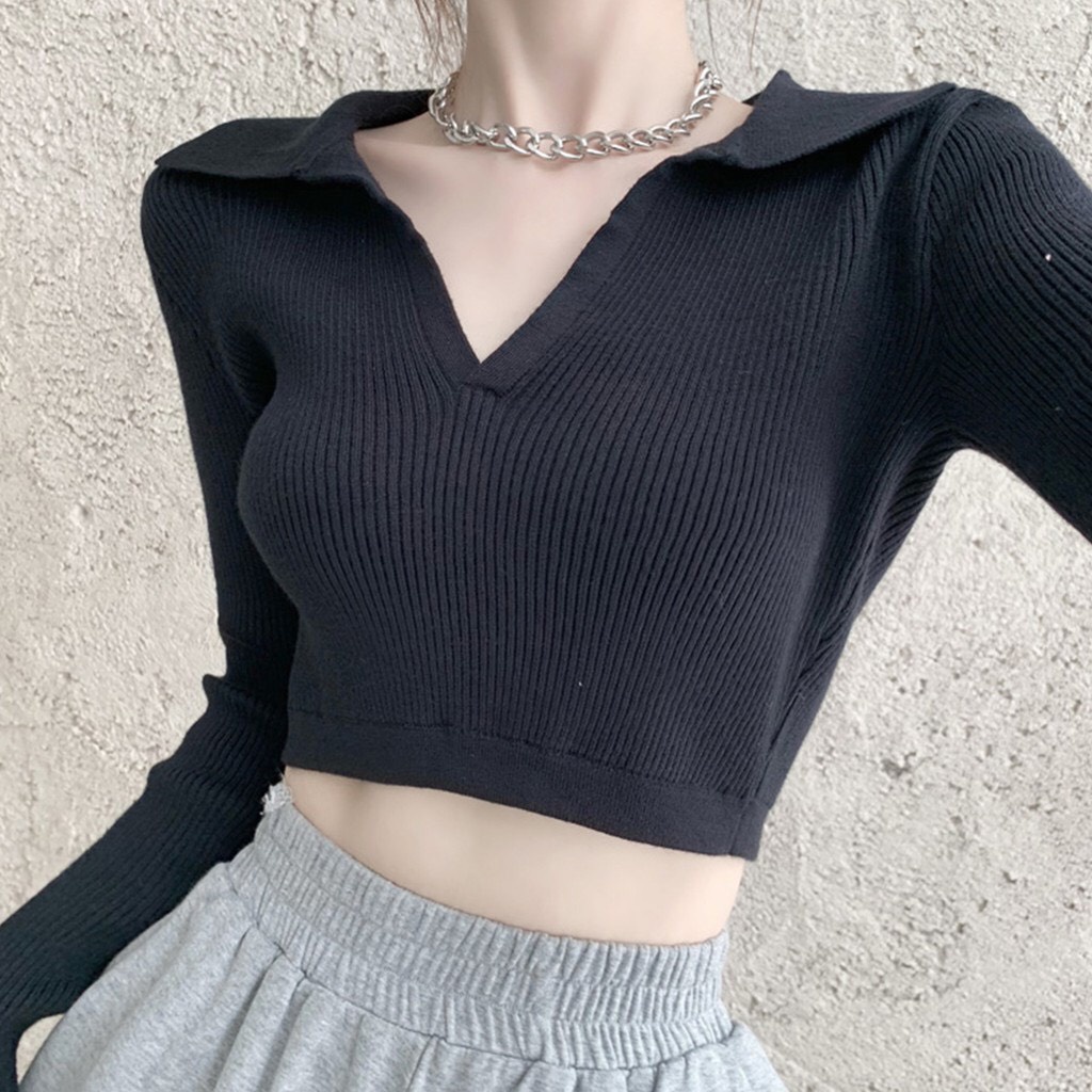 Áo croptop dài tay cổ bẻ CT006