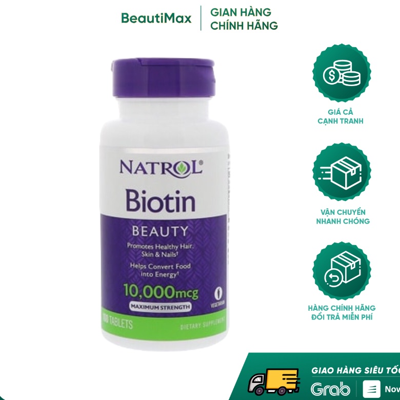 Viên uống mọc tóc móng, giảm gãy rụng Natrol Biotin 10,000mcg maximum strength 100 viên beautimax