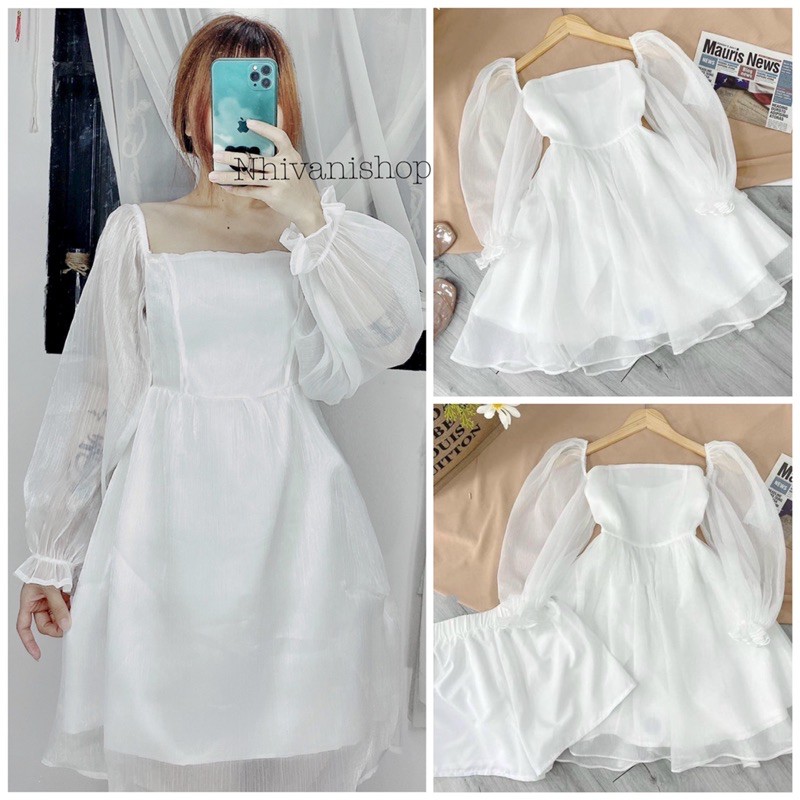 đầm dự tiệc cổ vuông babydoll tiểu thư