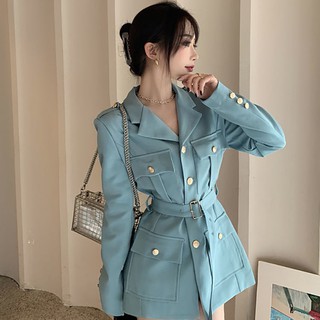 Áo khoác cổ vest thắt eo dáng rộng phong cách retro Hàn Quốc thời trang cho nữ