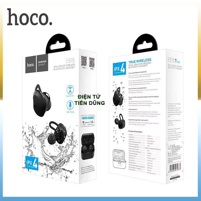 Tai nghe Hoco ES15 có đốc sạc - tai nghe chính hãng vơi tai nghe bluetooth v5.0- Tai nghe chống nước Ipx4