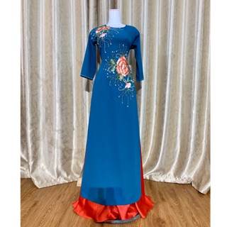 Áo dài xanh cổ vịt💥FREESHIP💥 Áo đính kết hoa ren đối xứng 2 tà
