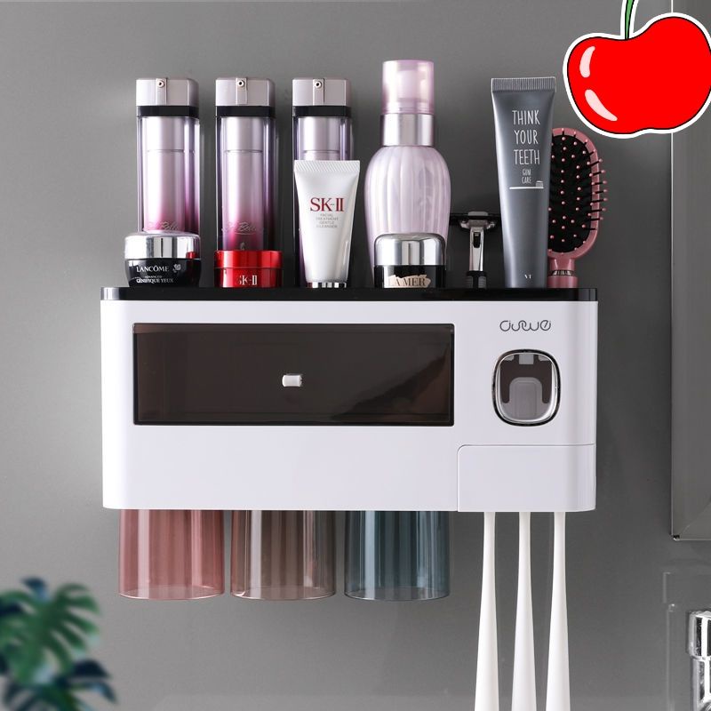 bộ nhả kem đánh răng tự động 3 cốc trong suốt tặng kèm miếng dán tường