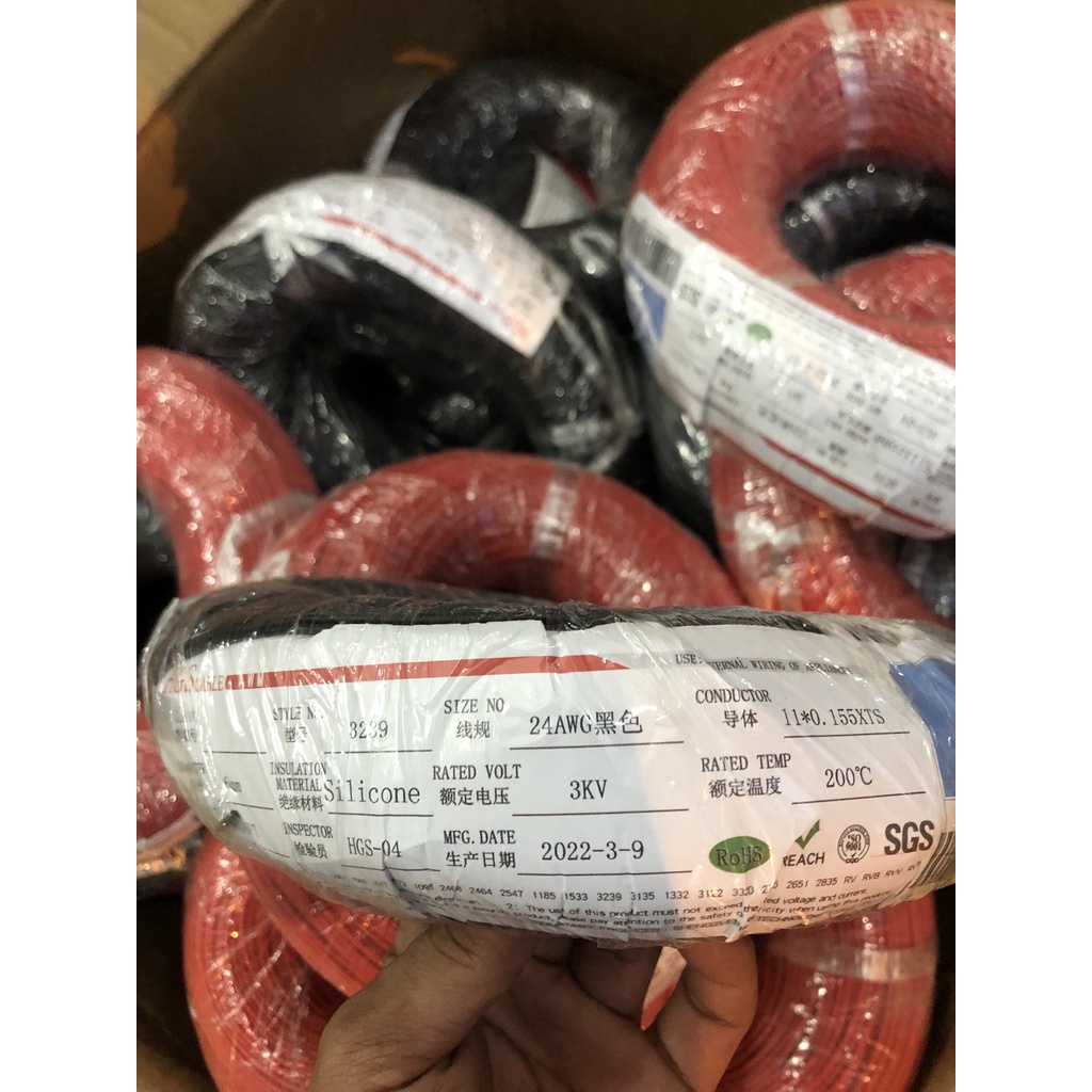 Cuộn 5m dây 24 AWG Silicon dẻo, chống cháy UL3239 chịu nhiệt 200độ. BN.