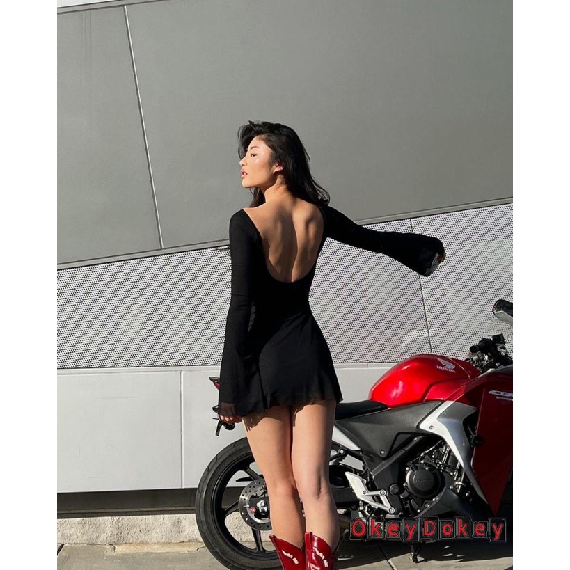 Đầm Mini Dài Tay Trễ Vai Phối Bèo Màu Trơn Y2K Quyến Rũ Cho Nữ