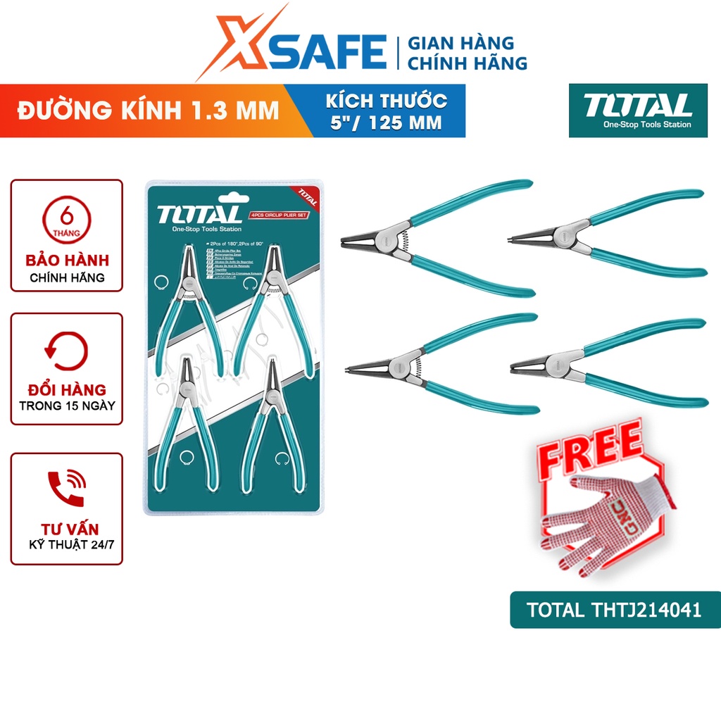 Bộ 4 kềm mở phe 125mm TOTAL THTJ214041 Bộ kìm 4 chi tiết thép siêu bền Kích thước 5&quot;/ 125mm, đường kính 1.3mm