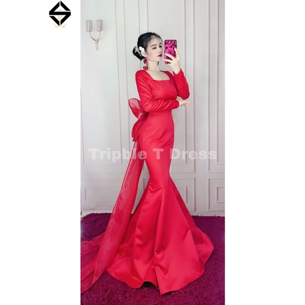 Đầm maxi body đuôi cá dài mặc cưới hở lưng tặn kèn nơ lưng 6 cánh siêu to TRIPBLE T DRESS - size S/M/L - MS177Y