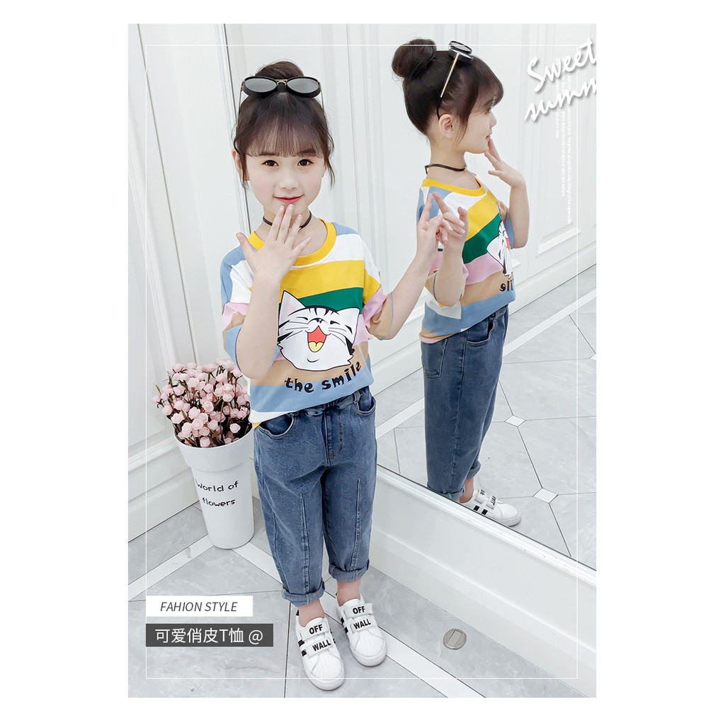Áo phông bé gái lớn họa tiết mèo the smile