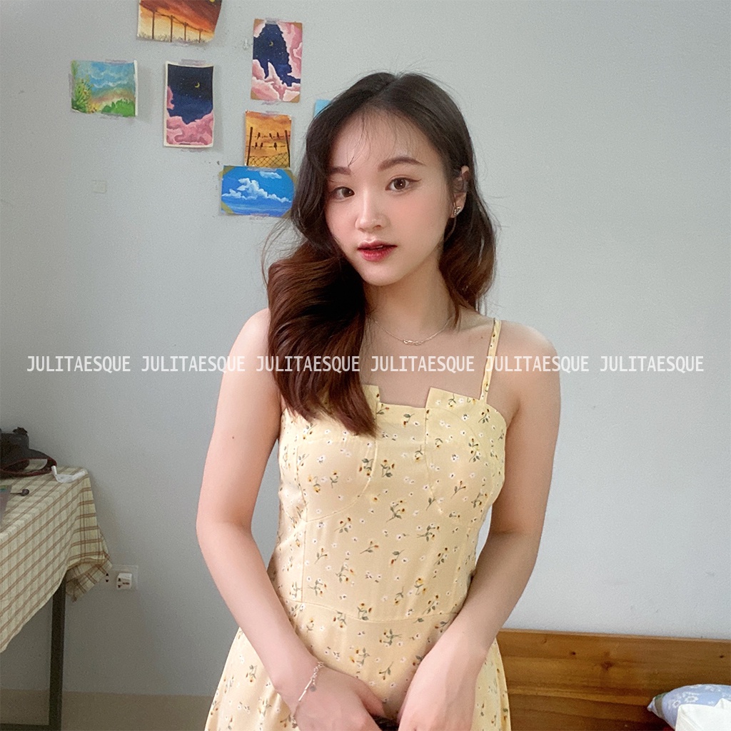 Váy hoa nhí 2 dây, đầm hoa nhí hai dây dáng dài maxi chất voan có bo chun đi biển, đi chơi - Liti Dress