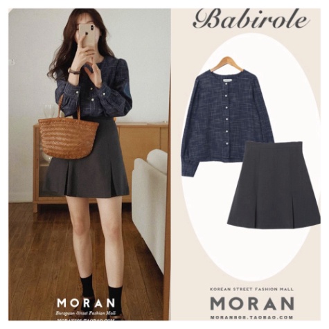 (Order) Set áo sơ mi MORAN + Chân váy xếp ly xòe dài style Hàn Quốc