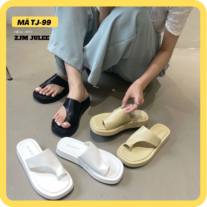 Dép đi biển nữ TJ-05 đế dày 4cm - dép xỏ ngón nữ quai da cao cấp