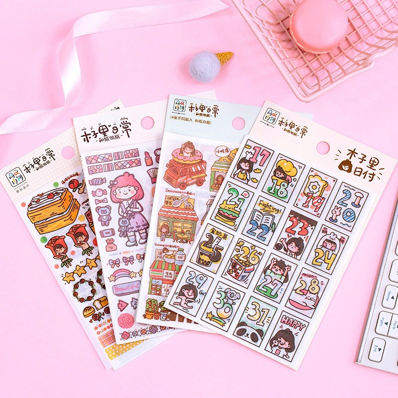 Combo 04 miếng sticker dán sổ hình cute girl ver1 dùng dán trang trí sketchbook/ tập vở/ nhật ký - VP031