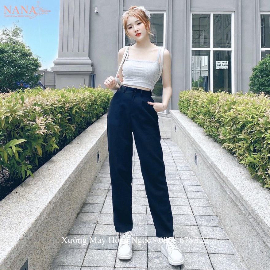 Quần tây nữ đi học lưng cao màu Xanh Đen cho học sinh dáng dài ống đứng - Quần vải nữ đi học cạp cao co giãn nhẹ dày dặn