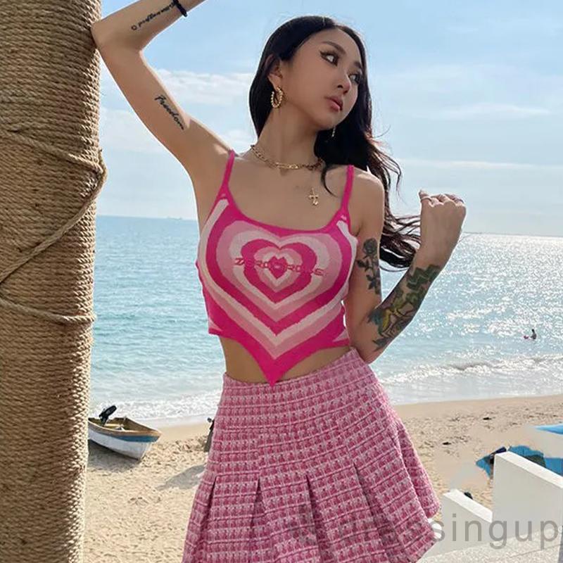 Áo Dệt Kim Hai Dây Thêu Họa Tiết Trái Tim Màu Hồng Thời Trang Mùa Hè Cho Nữ