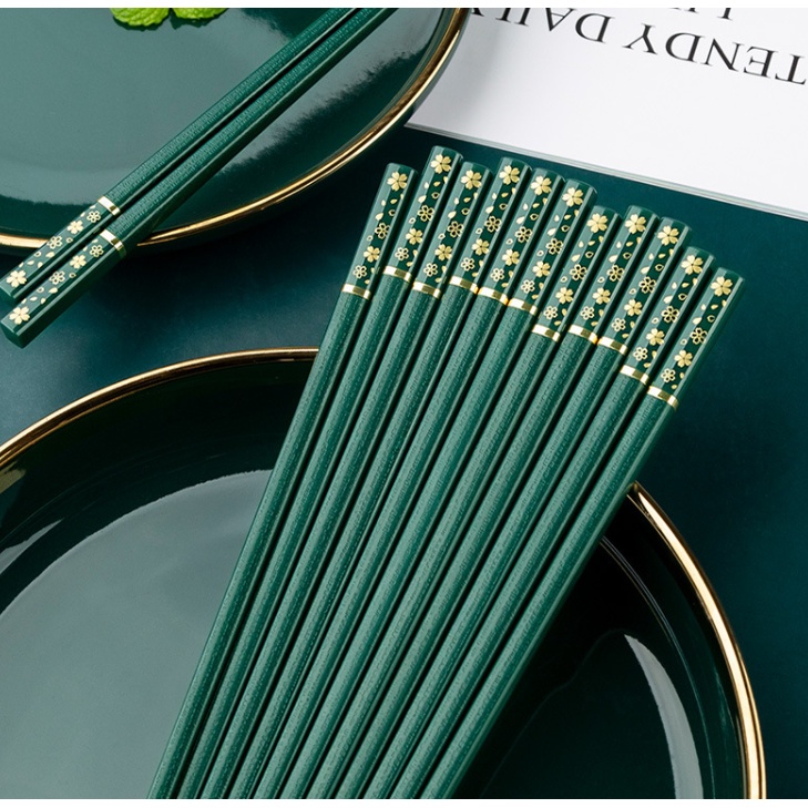 Bộ 5 đôi đũa xanh rêu lá và hoa đơn giản sang trọng T08