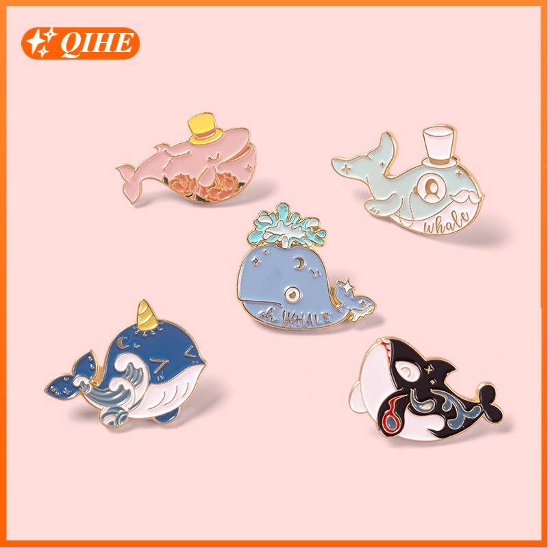Huy hiệu cài áo QIHE JEWELRY thiết kế cá voi hoạt hình đáng yêu nhiều mẫu tùy chọn