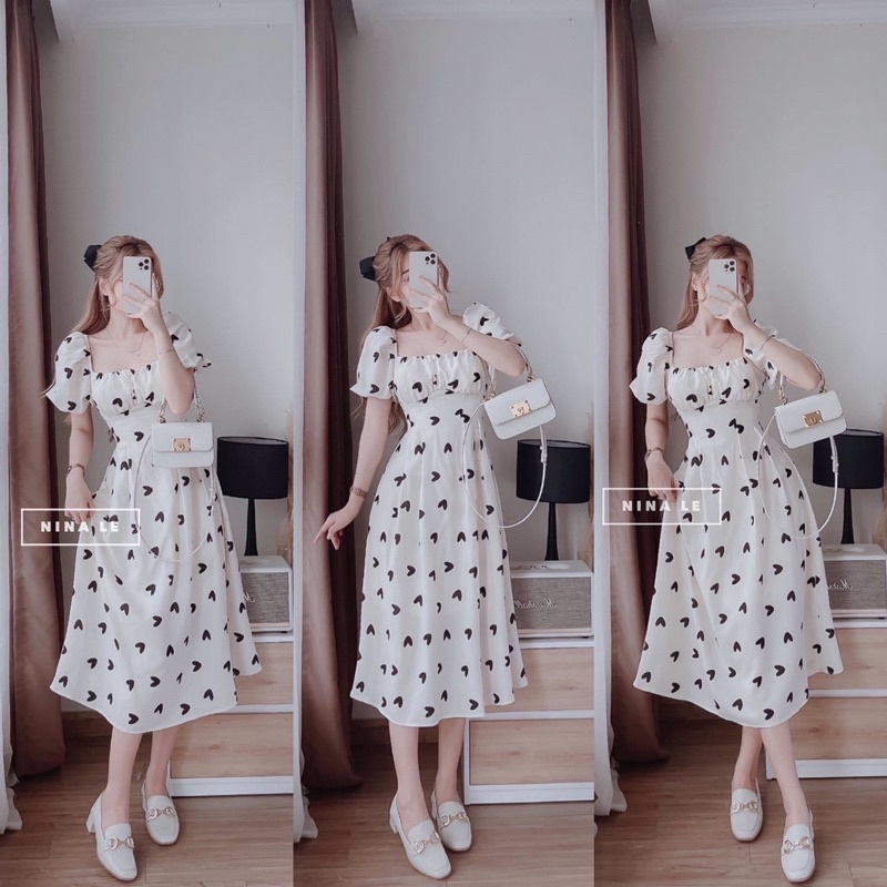 Váy tim cổ vuông buộc nơ lưng