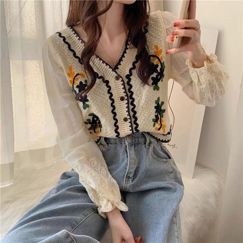 Áo sơ mi nữ kiểu croptop bánh bèo hàn quốc dáng babydoll cổ chữ v ulzzang tay phồng  vải thô đũi - tiemmaimeo1987