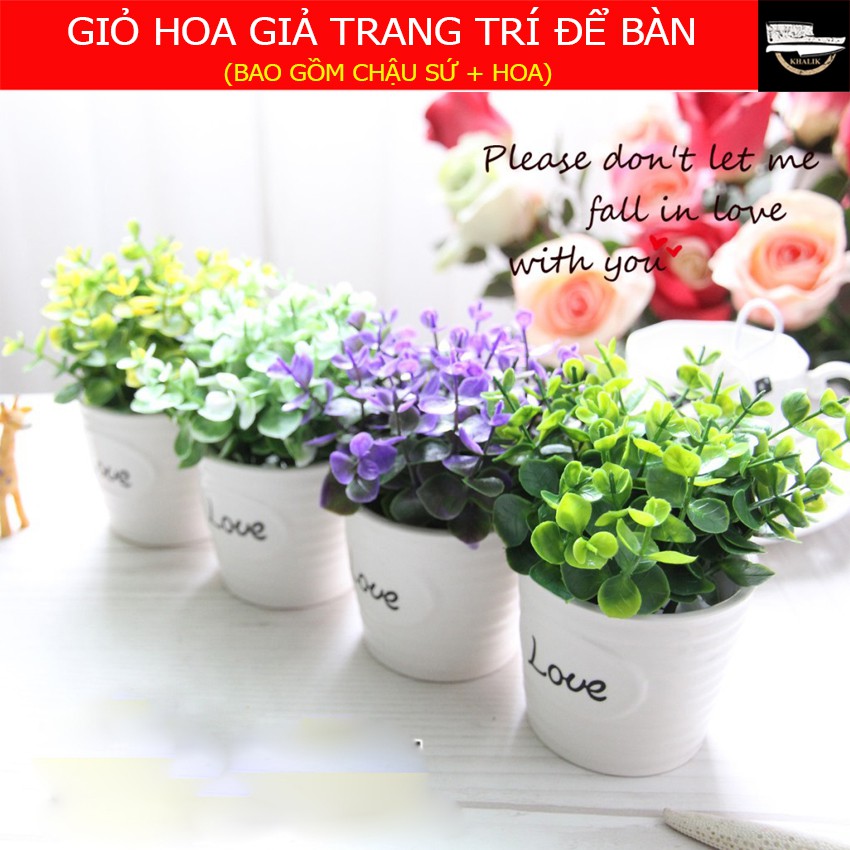 Hoa giả trang trí để bàn, hoa bonsai giả chậu sứ chữ LOVE - H0129 (nhiều màu lựa chọn)