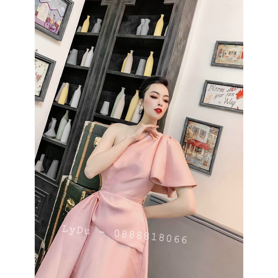 Váy đầm nữ dạ hội dáng xòe lệch vai nhúm eo