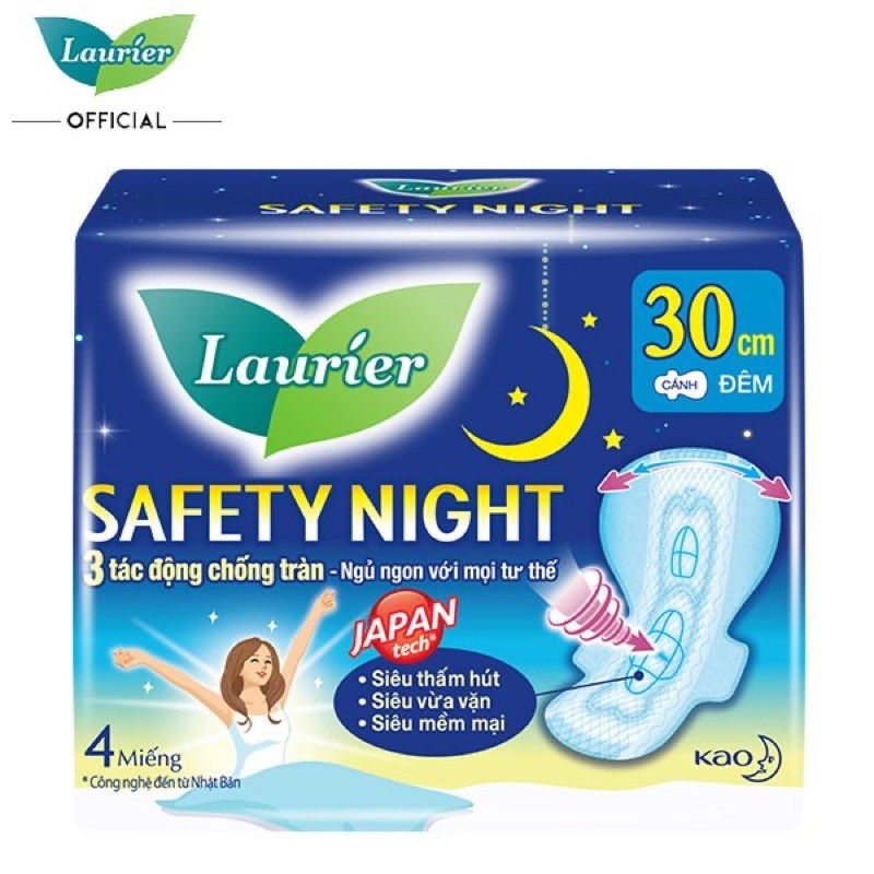 BĂNG VỆ SINH ĐÊM LAURIER SAFETY NIGHT 30CM/ 35CM/ 40CM 4 MIẾNG