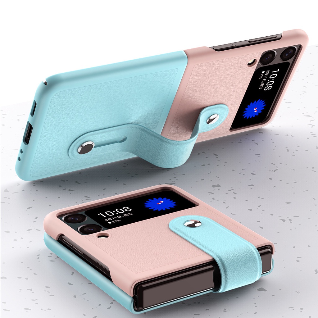 Bao Da Điện Thoại PU Bảo Vệ Toàn Diện Chống Rơi Có Giá Đỡ Và Dây Đeo Cho Samsung z Flip3