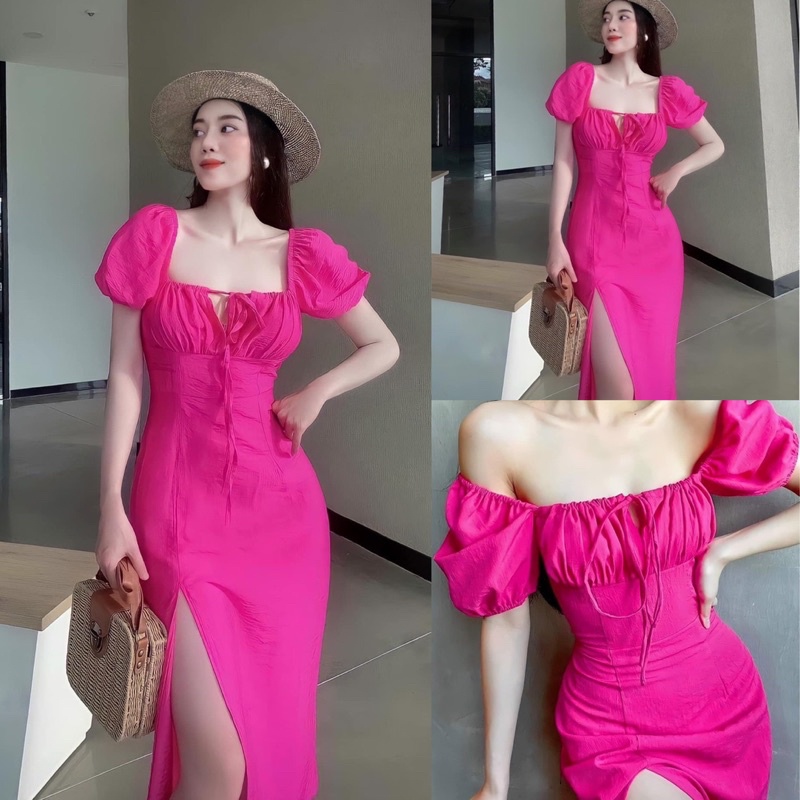 Đầm Váy nữ xẻ tà nhún sau lưng , Đầm Váy Maxi Đũi Cao Cấp