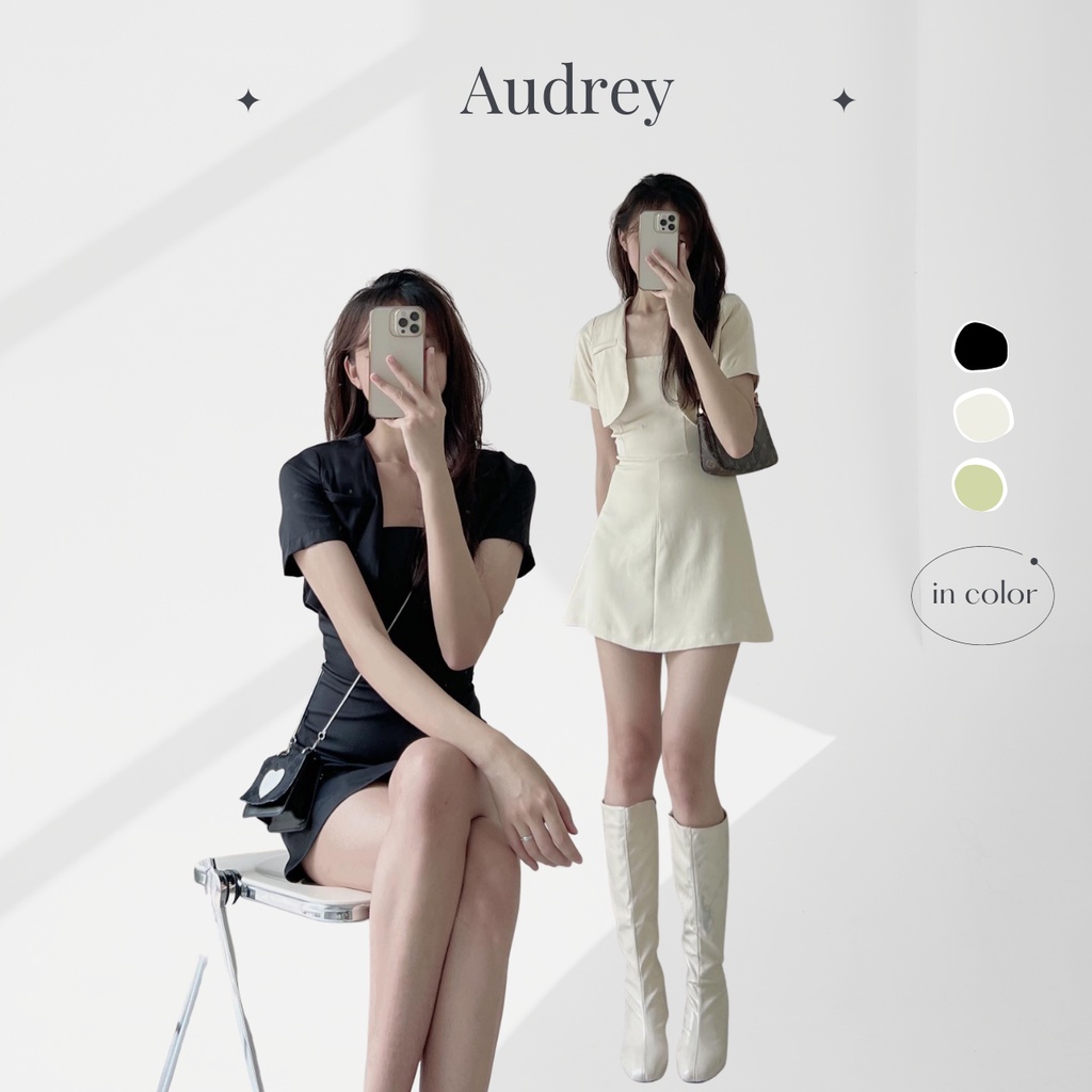 S104 Set đồ nữ AUDREY áo vest croptop độn vai kèm váy hai dây có quay điểu chỉnh