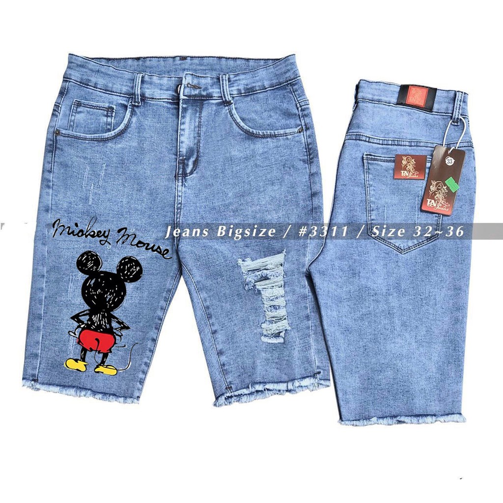 [60kg~90kg] Quần jean ngố / lửng BIGSIZE IN HINH CHUỘT ĐỎ lưng cao, co dãn mạnh rách kiểu đẹp 3459 moliruan
