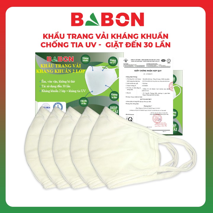 5 khẩu trang vải kháng khuẩn BABON, Chống tia cực tím UV, Tái sử dụng 30 lần