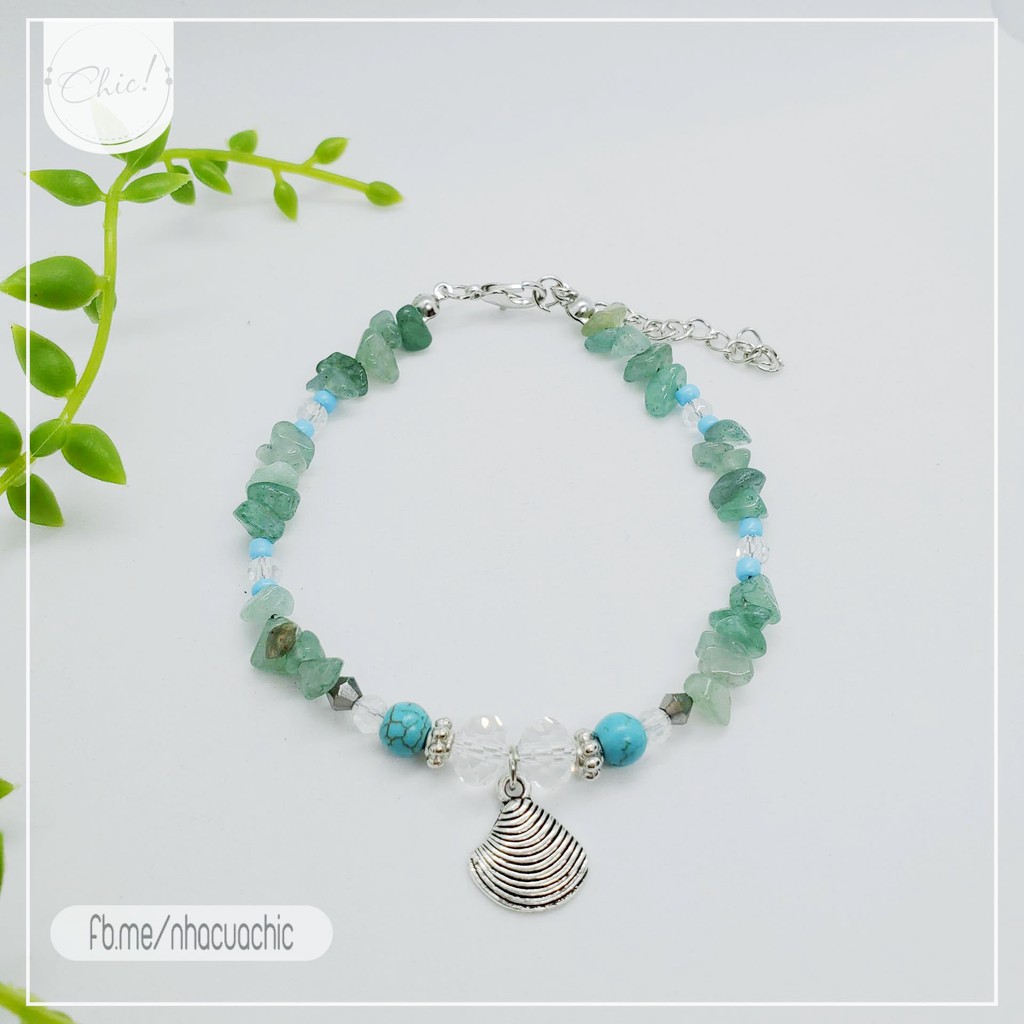 Lắc chân boho 2 sợi đá xanh