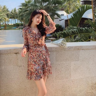 Đầm Chiffon Ngắn Tay Dài Dáng Ôm In Hoa Phối Bèo Kiểu Pháp Xinh Xắn