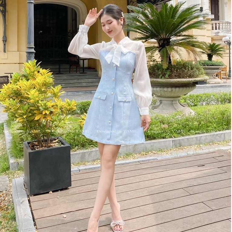 Váy dạ xanh mint phối voan YV41 Jessica YAME