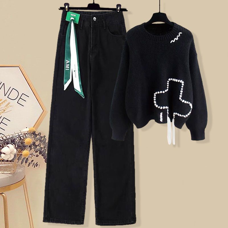 Plus Bộ Áo Sweater Dệt Kim Dáng Rộng Phối Quần Dài Ống Rộng Thời Trang Mùa Đông 2021 Cho Bạn Gái