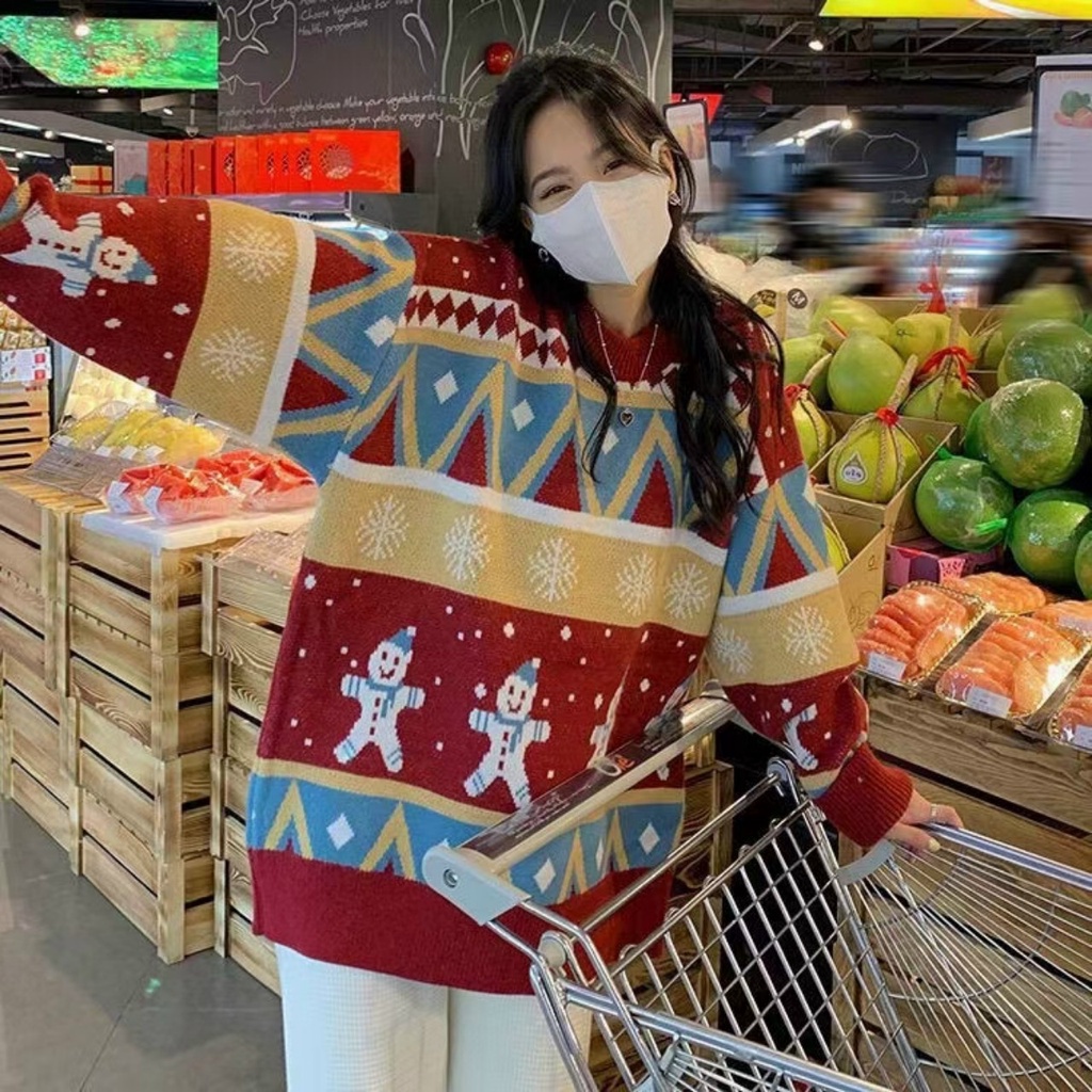 Áo Len Noel Nữ, Áo Cổ Tròn Tay Dài Form Dáng Rộng Chất Len Dày Dặn Họa Tiết Giáng Sinh Thời Trang Thu Đông Siêu Xinh, Ấm | BigBuy360 - bigbuy360.vn