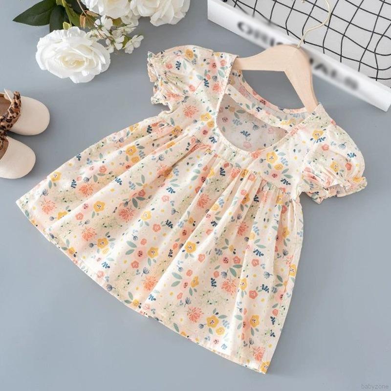 Đầm Cổ Tròn Tay Phồng In Hoa Cho Bé Gái