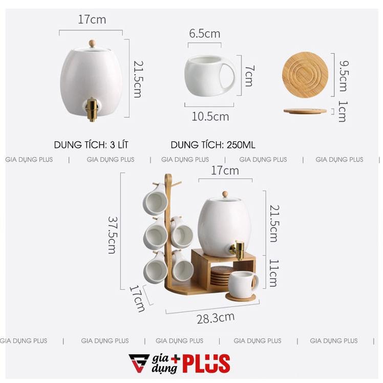 Bộ Chum Đựng Nước Sứ Có Vòi 3 Lít Kèm Kệ Gỗ & 6 Cốc Sứ Màu Trắng Cao Cấp