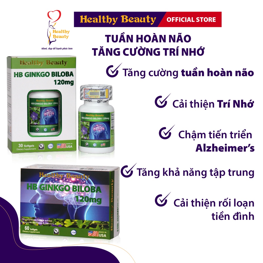 Viên Uống Tăng Cường Trí Nhớ, Tuần Hoàn Máu Não HB GINKGO BILOBA 120mg Healthy Beauty