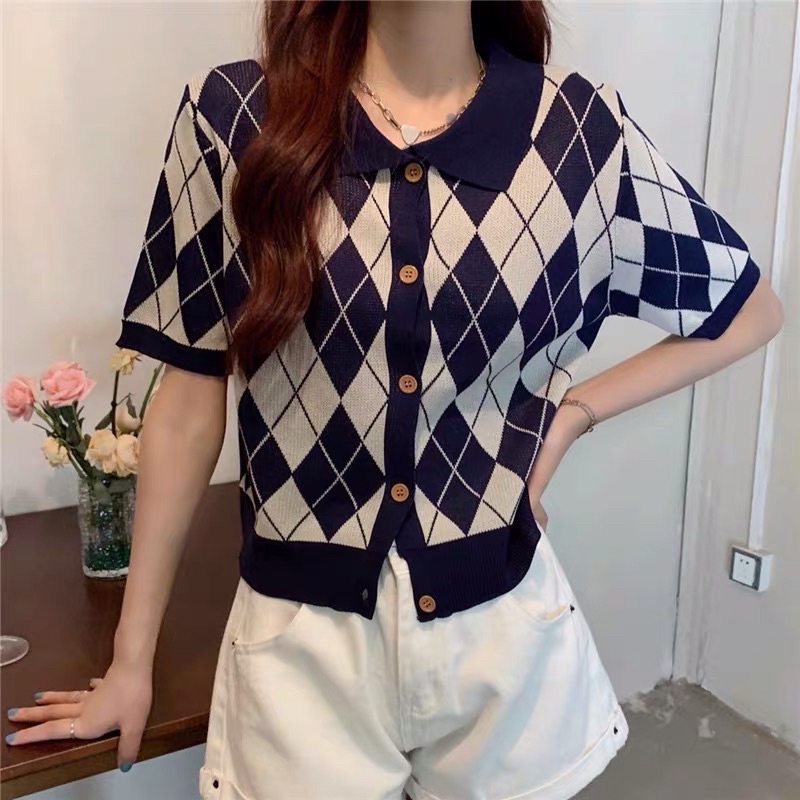 áo len dệt kim khuy cài cổ bẻ hoạ tiết hình thoi (bz299#) | BigBuy360 - bigbuy360.vn