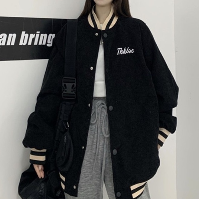 Áo khoác bomber nữ form dáng rộng nhung tăm phong cách hàn quốc uniex ulzzang thời trang học sinh Áo bomber nữ form rộn